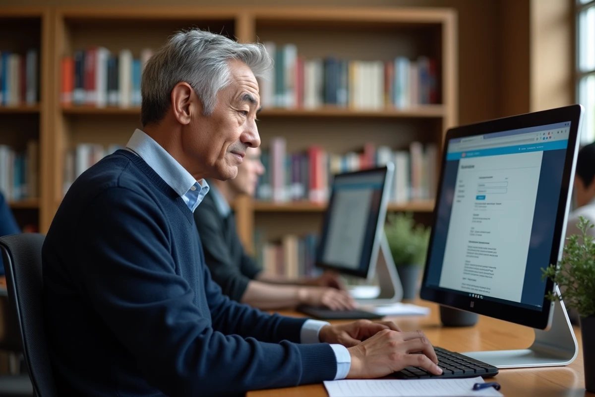 Homme senior cherchant un emploi sur un site spécialisé depuis une bibliothèque publique