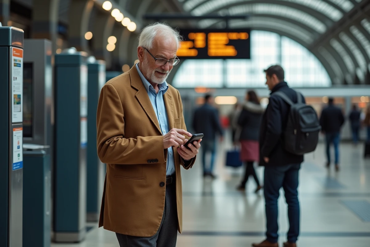 Homme senior vérifiant sa carte SNCF dans une gare animée