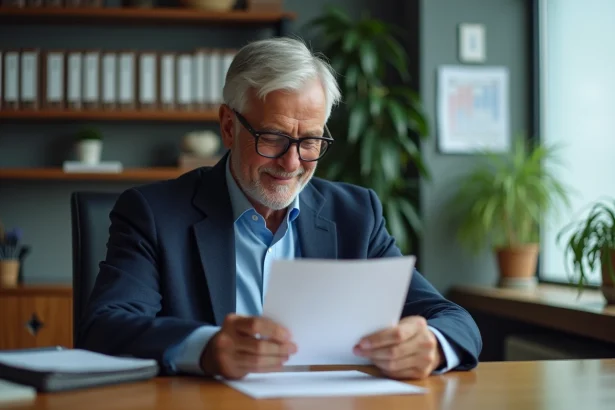 Homme senior relisant sa lettre de départ en retraite assis à son bureau de bureau
