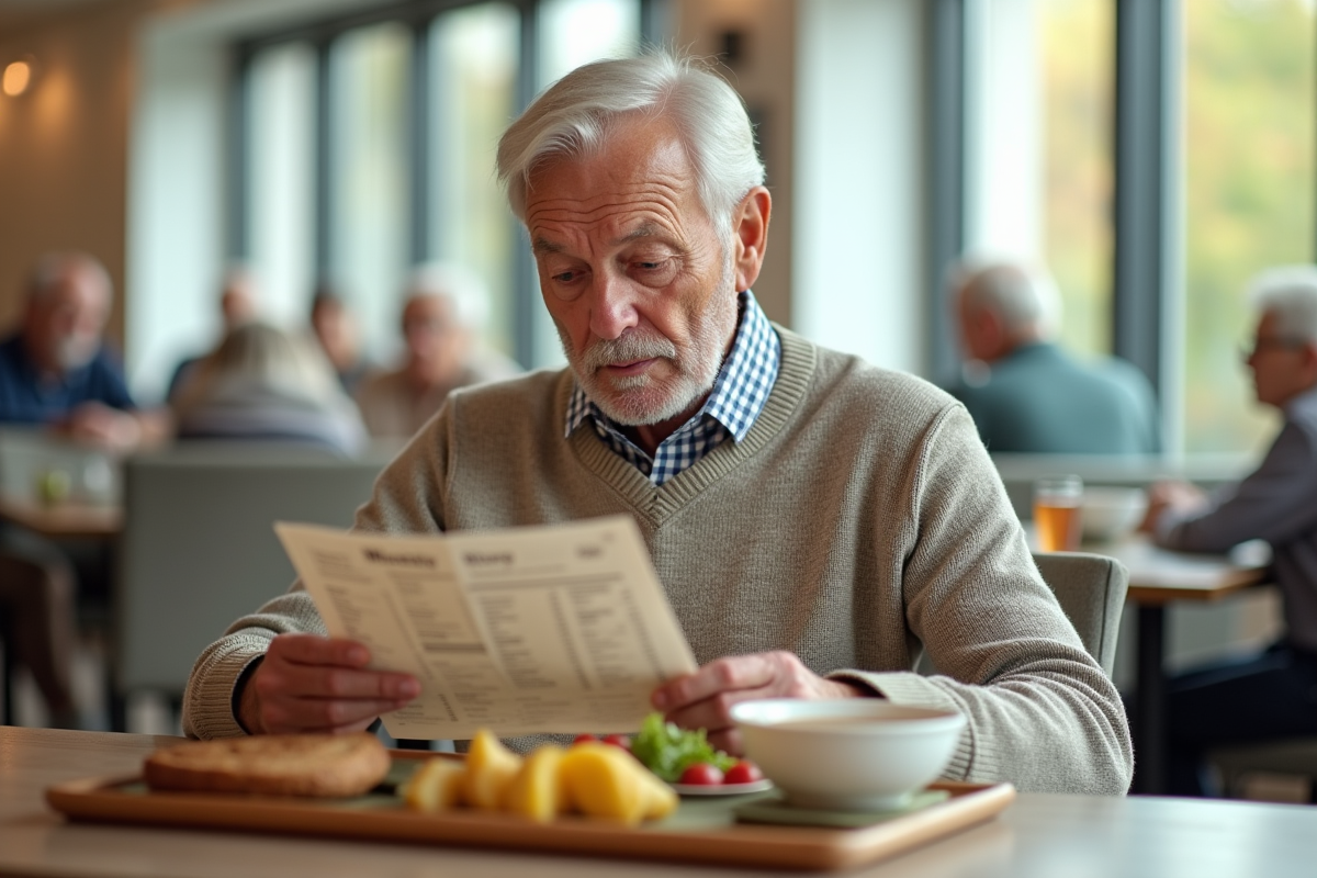 Homme senior lisant un menu dans une cafeteria moderne