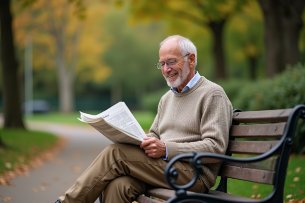 Homme senior souriant lisant un journal en plein air