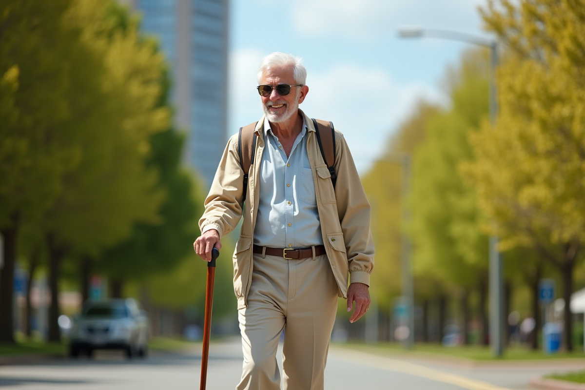 Homme senior marchant avec canne en plein air en ville