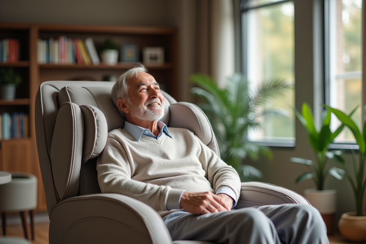 Homme âgé utilisant un fauteuil de massage dans une salle de bien-être