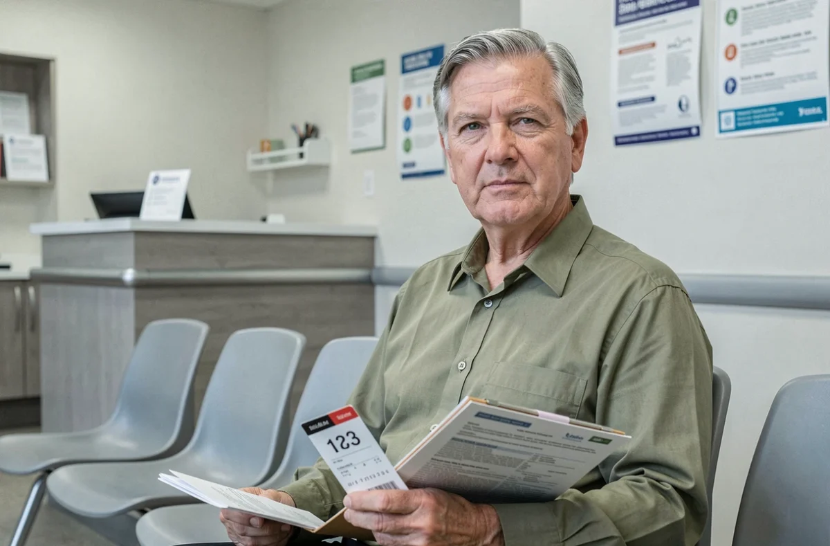 Homme âgé en salle d'attente médicale avec ses documents pour le renouvellement du permis de conduire après 70 ans