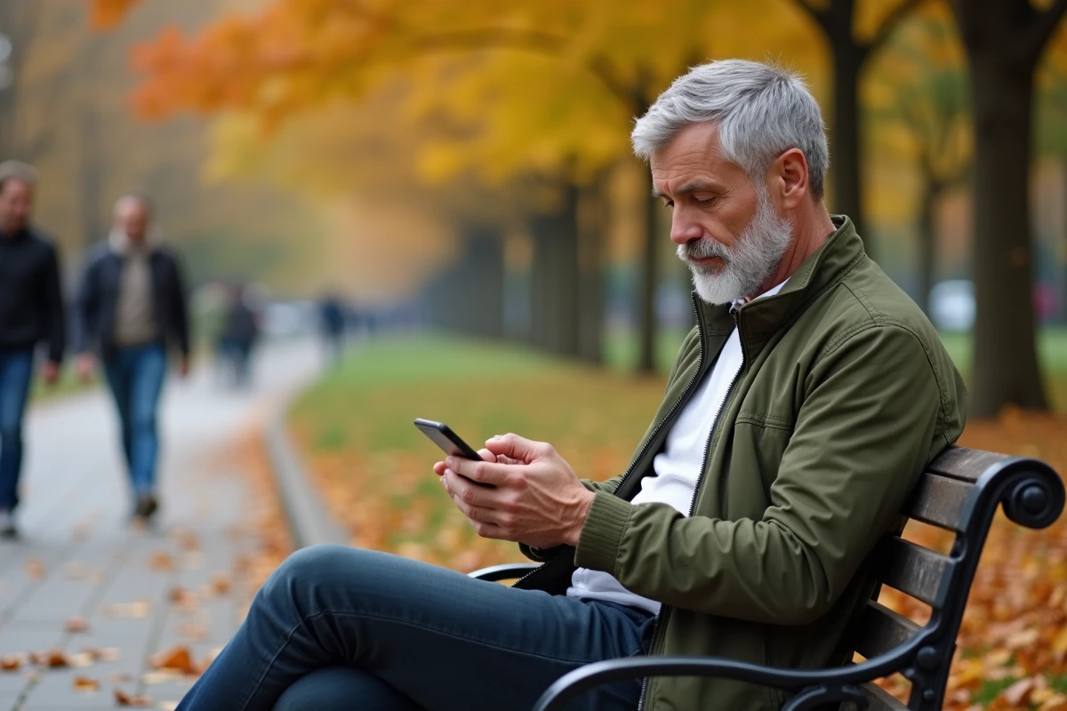 Homme senior utilisant son smartphone sur un banc de parc à l'automne pour s'inscrire sur un site de rencontre