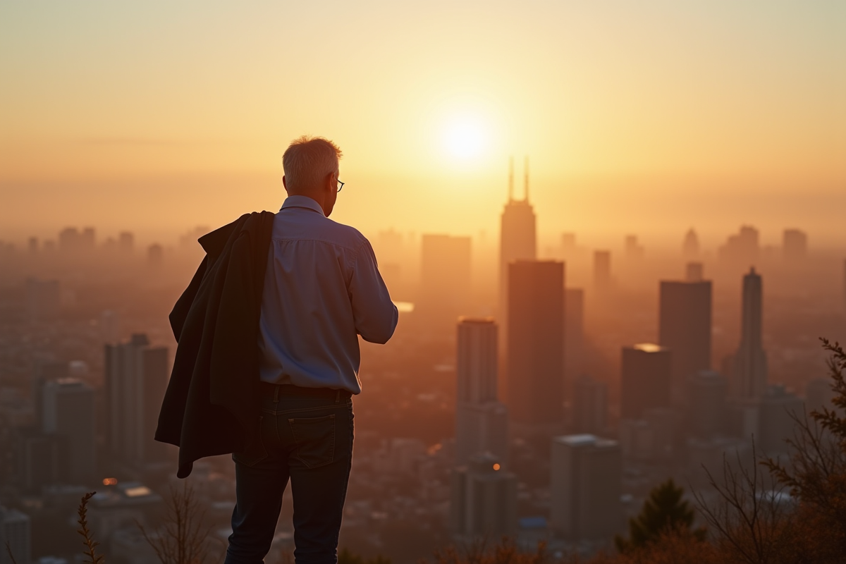 Homme mature regardant la ville au lever du soleil
