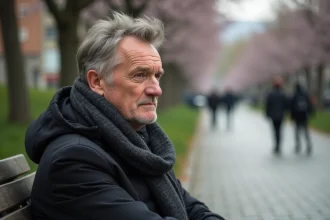 Homme d'âge moyen pensif assis sur un banc en ville au printemps