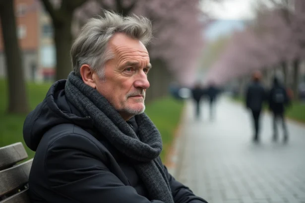 Homme d'âge moyen pensif assis sur un banc en ville au printemps