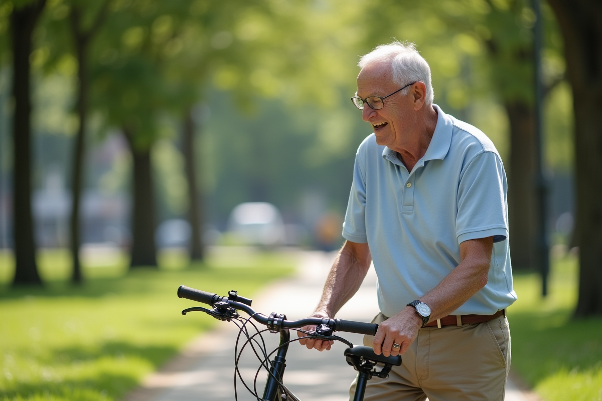 Homme âgé ajuste la hauteur de son vélo dans un parc