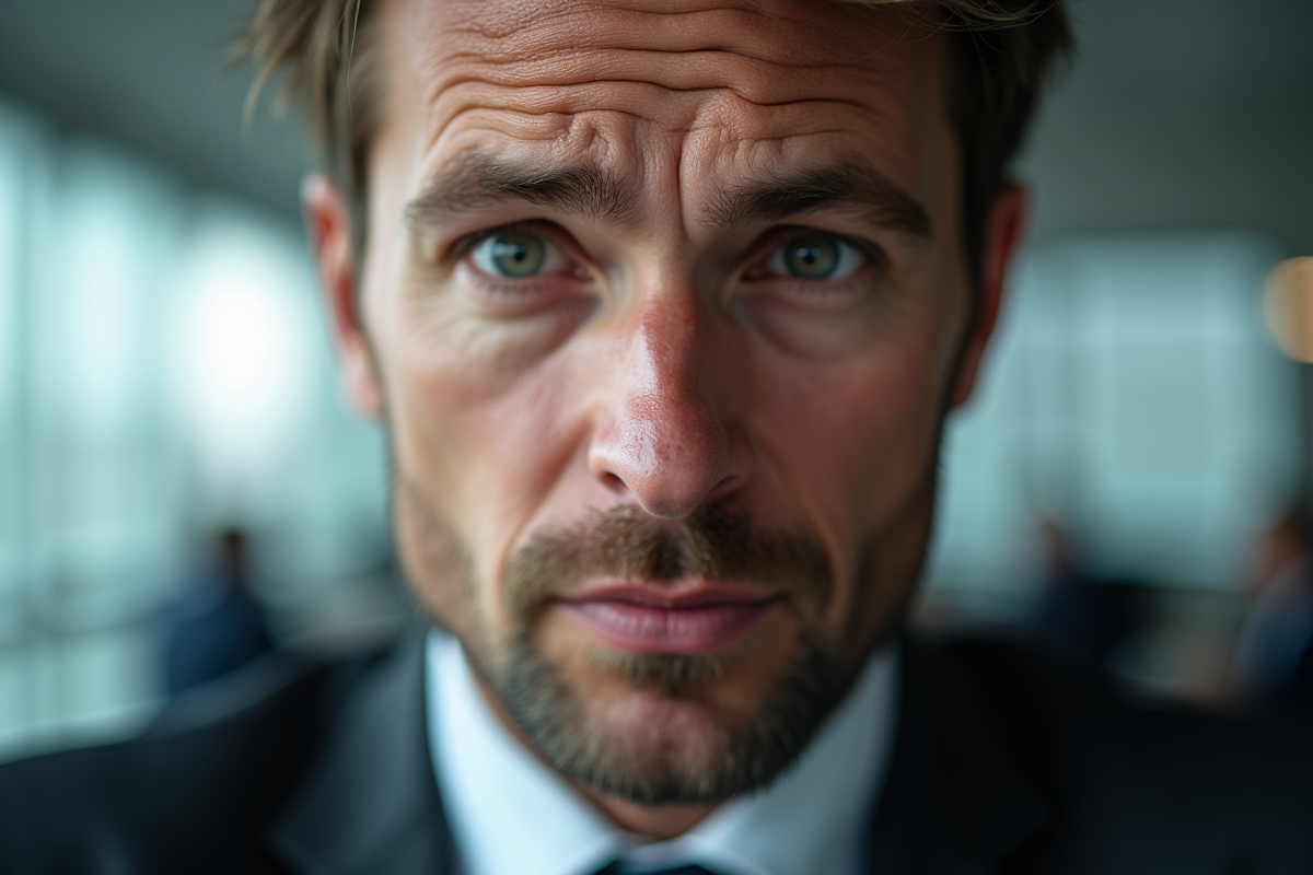 Homme en bureau avec visage asymetrique et regard flou