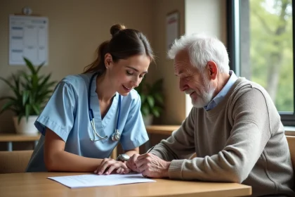 Infirmi&egrave;re aidant un senior &agrave; faire une checklist quotidienne