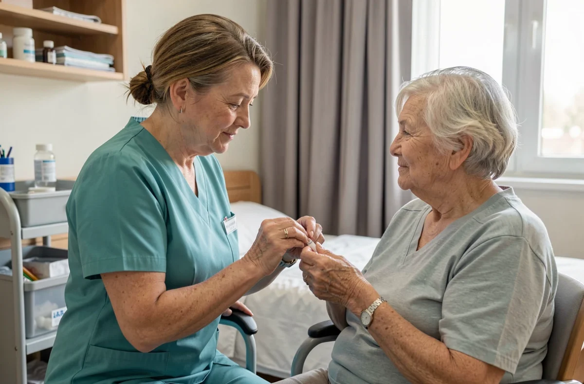 Infirmière administrant les médicaments à une résidente dans sa chambre d'EHPAD