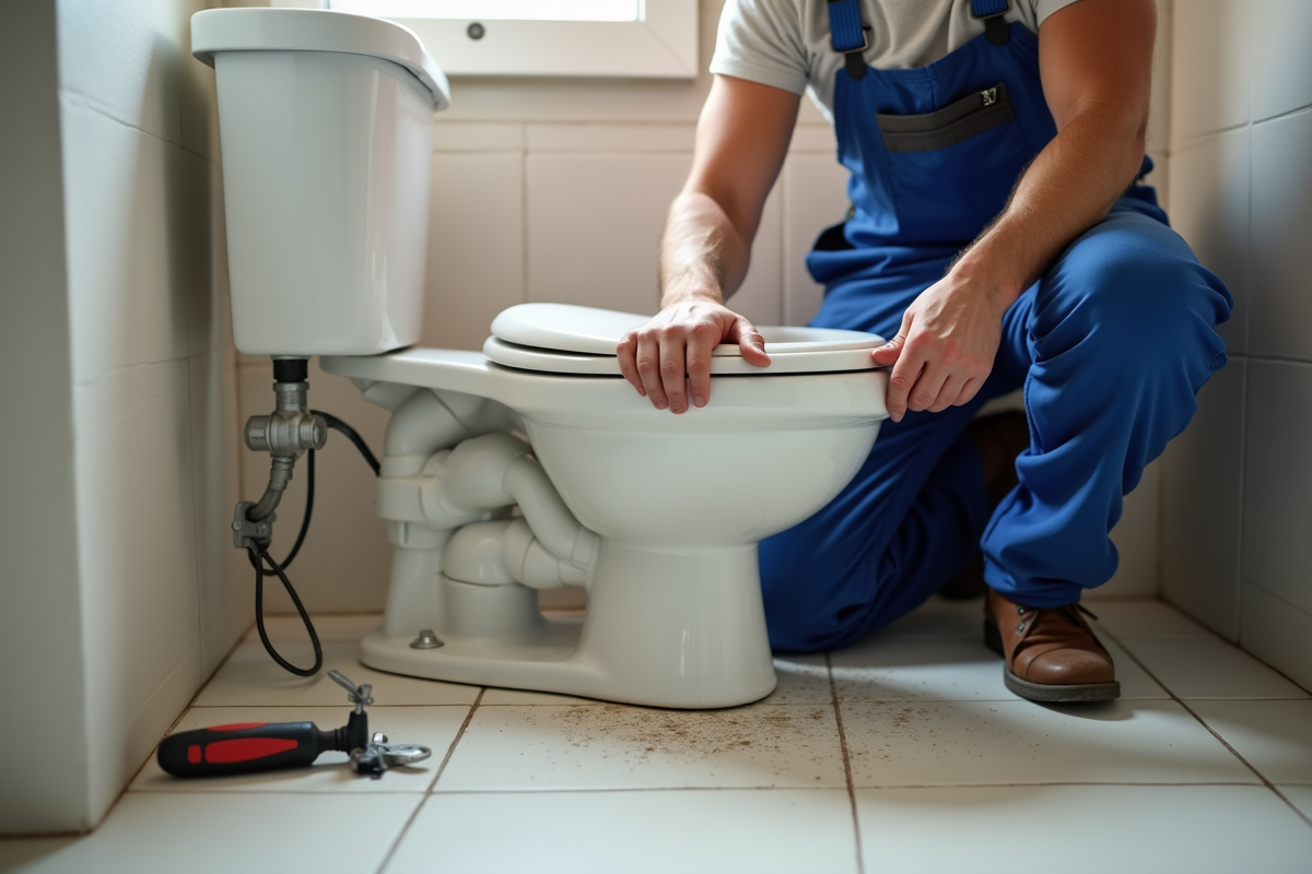Plombier installant une toilette elevee dans la salle de bain