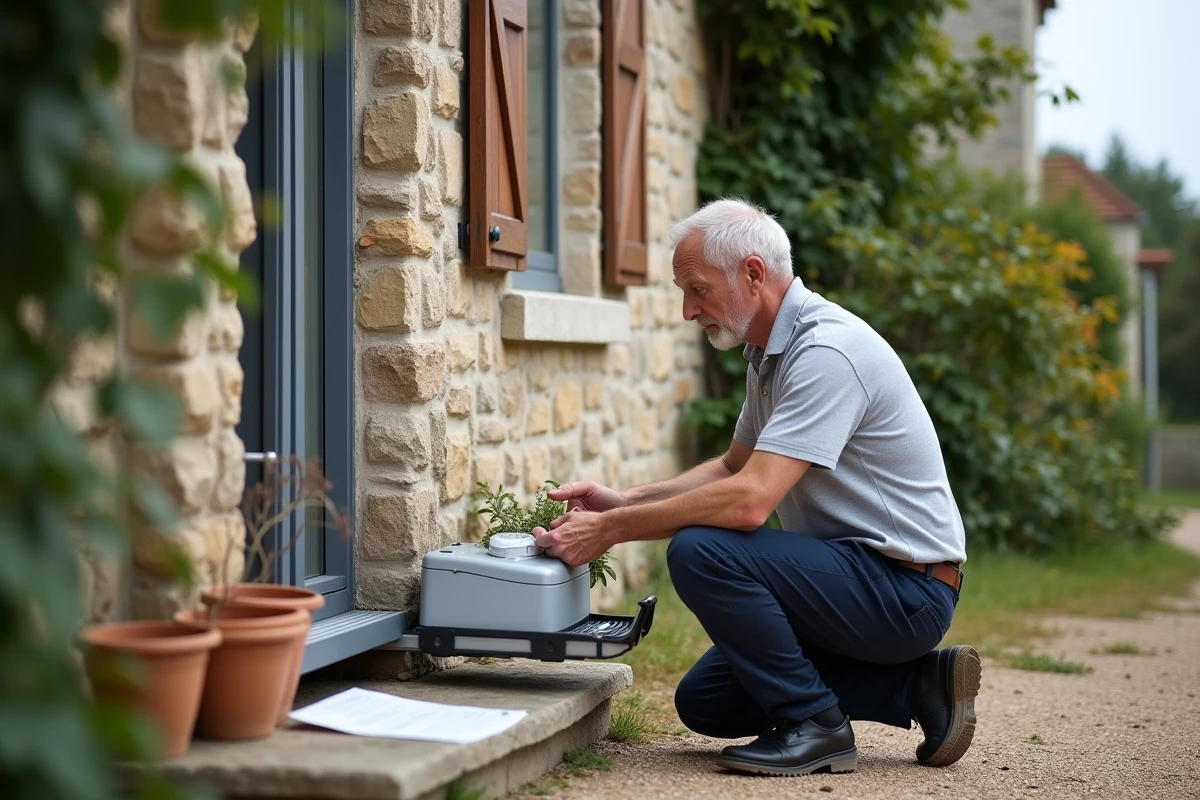Un homme d'âge mûr installant un monte escalier mobile sans installation sur un escalier extérieur en pierre d'une maison rurale française
