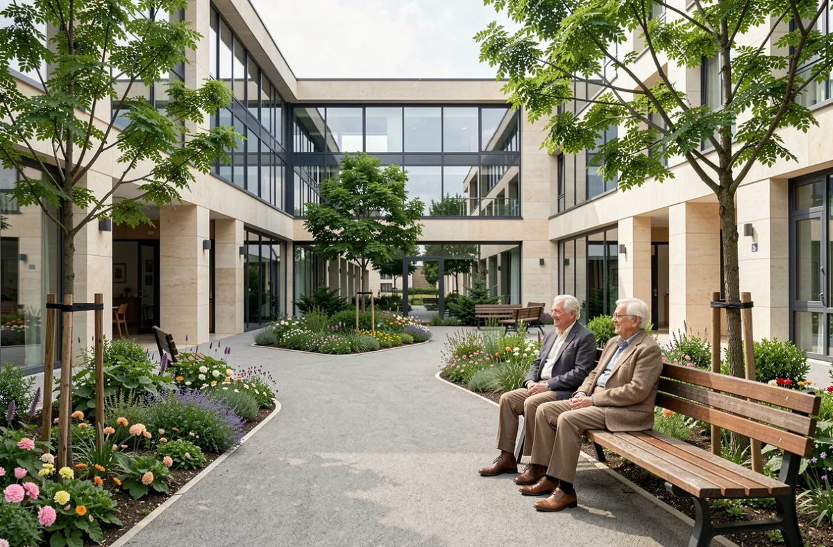 Cour extérieure aménagée d'un EHPAD du Val-de-Marne avec résidents assis dans le jardin