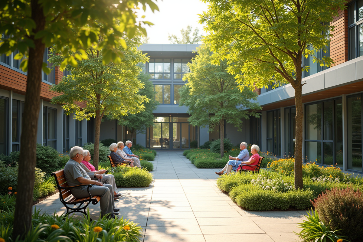 Jardin paisible dans une résidence pour seniors ensoleillée