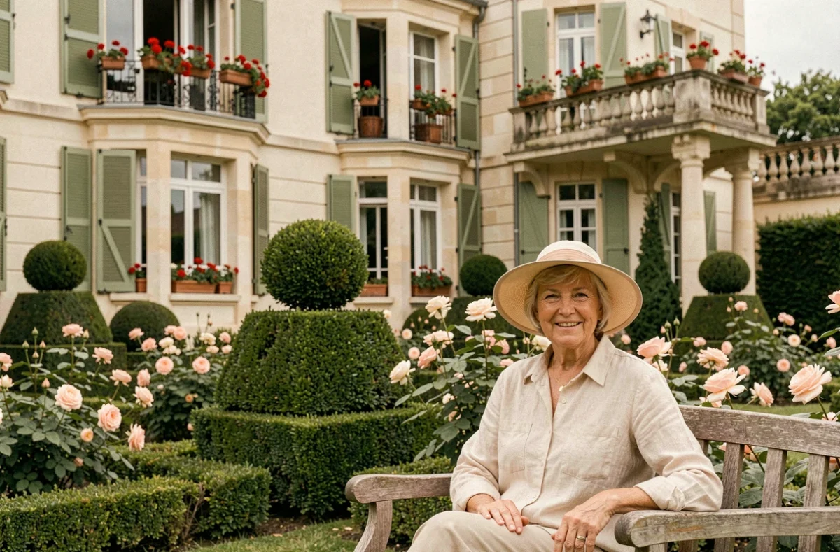Résidente profitant du jardin à caractère classique des Jardins d'Arcadie aux Sables-d'Olonne