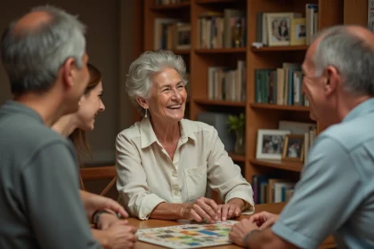 Femme de 60 ans entourée d'amis jouant à un jeu de plateau personnalisé avec photos de sa vie lors de son anniversaire