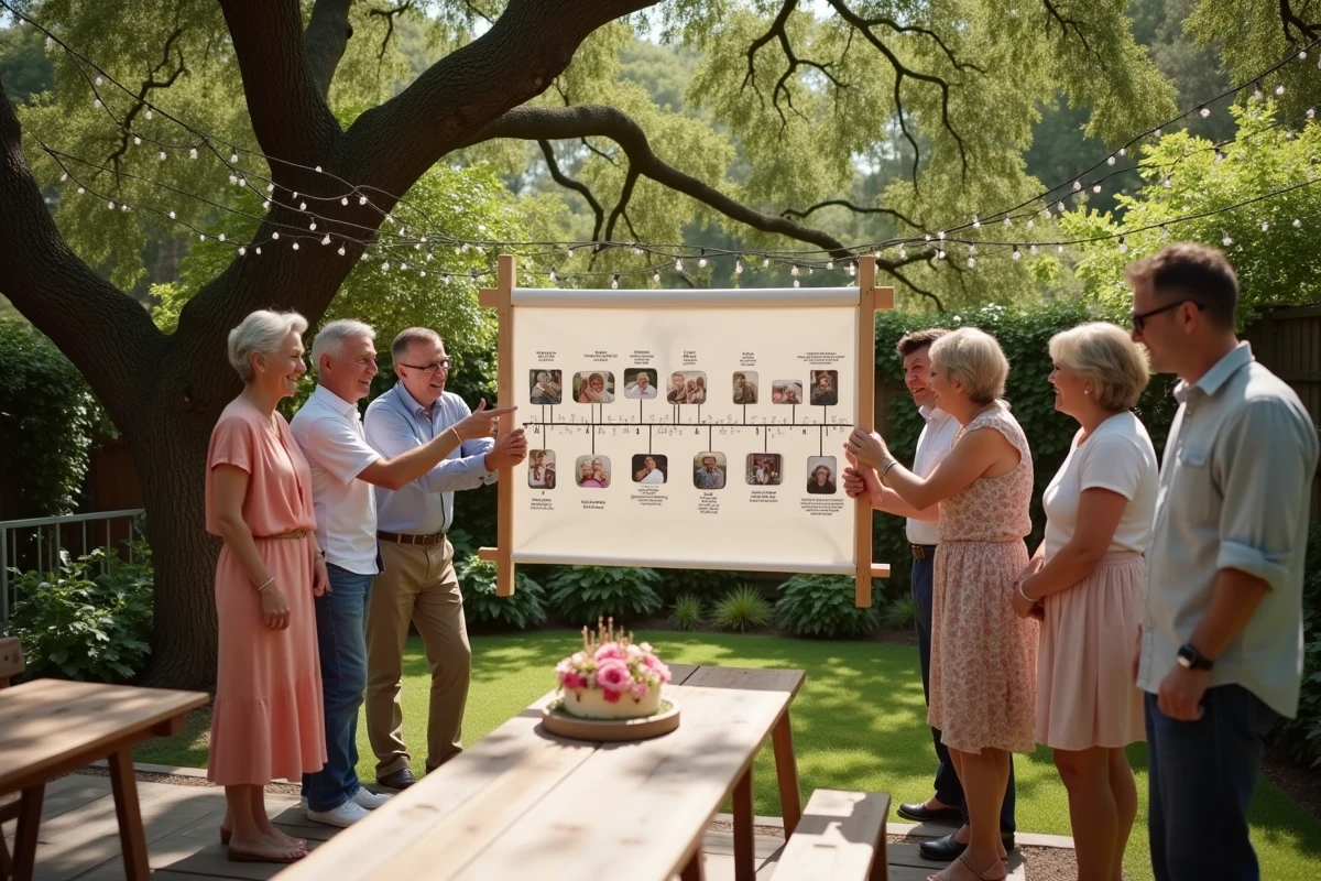 Groupe d'adultes réunis dans un jardin autour d'une fresque chronologique illustrant les 60 ans de vie d'une personne pour son anniversaire