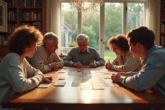 Famille intergénérationnelle jouant à un jeu de société autour d'une table en bois, senior et adolescents réunis ensemble