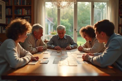 Famille intergénérationnelle jouant à un jeu de société autour d'une table en bois, senior et adolescents réunis ensemble