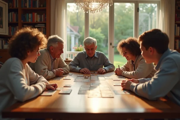 Famille intergénérationnelle jouant à un jeu de société autour d'une table en bois, senior et adolescents réunis ensemble