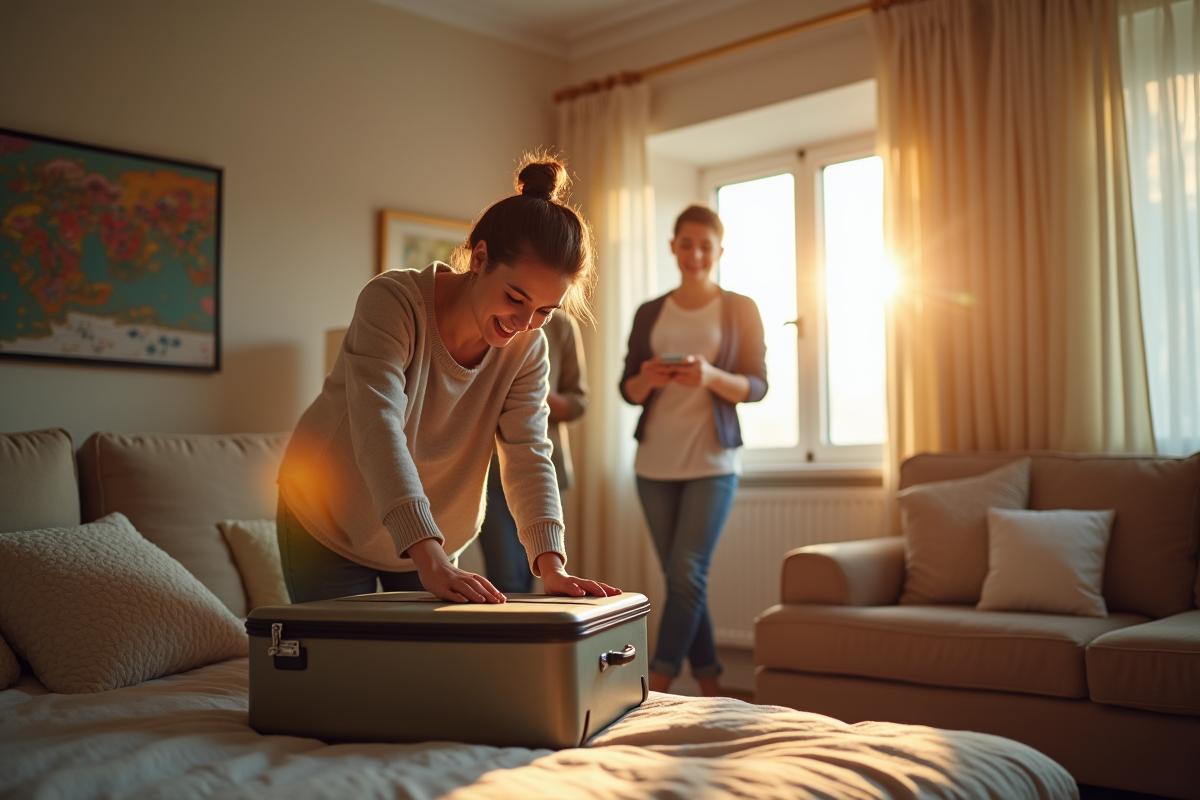 Jeune adulte préparant sa valise dans une chambre lumineuse