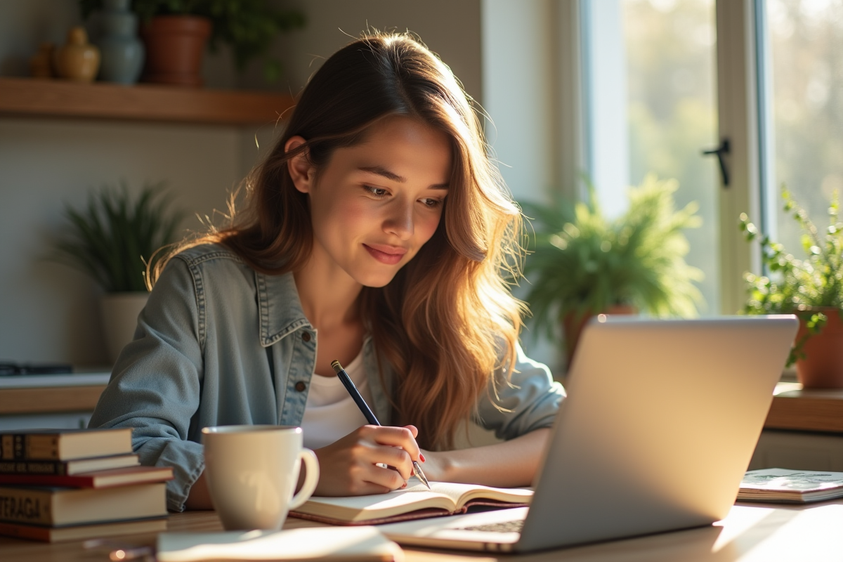Jeune femme à la cuisine étudiant avec ordinateur et livres