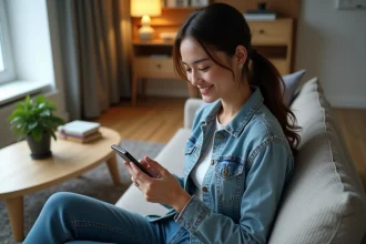 Jeune femme souriante utilisant son smartphone dans un salon moderne