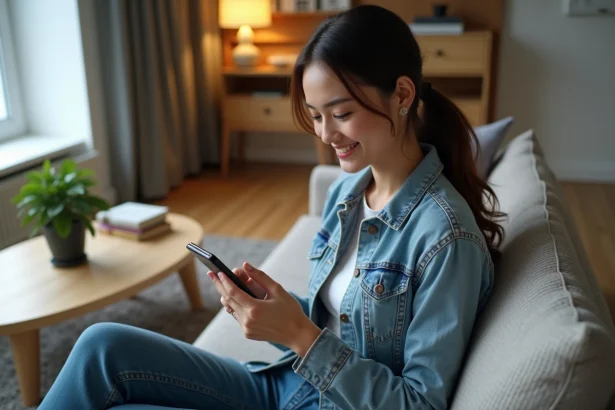 Jeune femme souriante utilisant son smartphone dans un salon moderne