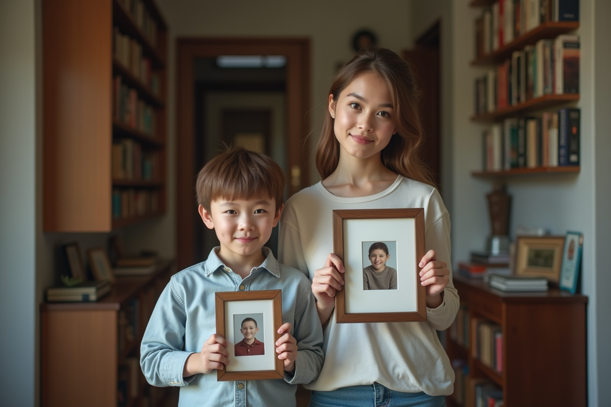 Jeune femme et son frère tenant une photo dans un intérieur