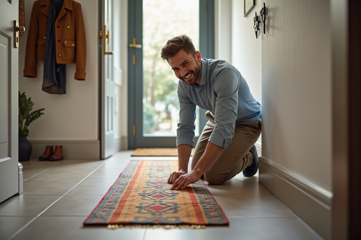 Jeune homme applique du ruban adhésif sur un tapis dans l