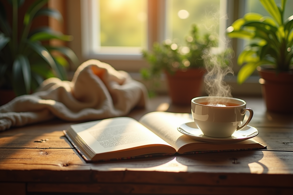 Journal ouvert avec tasse de thé et plantes vertes
