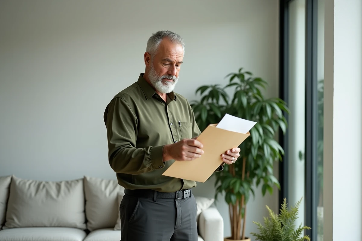 Homme à la retraite pour invalidité lisant une lettre officielle de départ dans son salon calme et lumineux