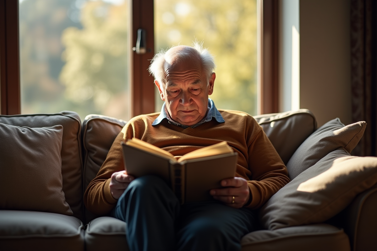 Homme age lisant un livre dans un salon lumineux
