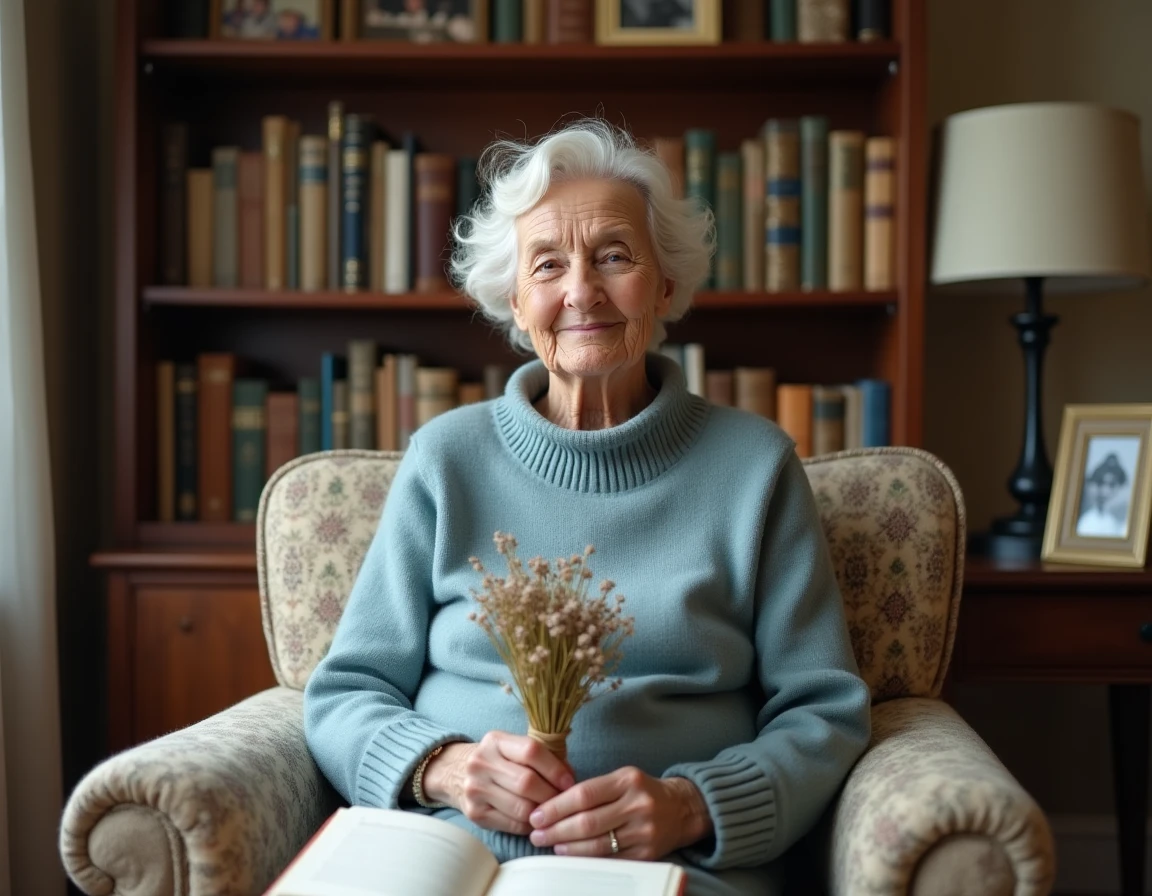 Mamie tenant un bouquet de fleurs et un poème dans un salon chaleureux lors de la fête des grands-mères