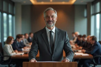 Manager en fin de carrière prononçant un discours de départ à la retraite devant son équipe dans une salle de réunion moderne