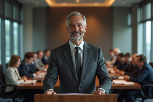 Manager en fin de carrière prononçant un discours de départ à la retraite devant son équipe dans une salle de réunion moderne