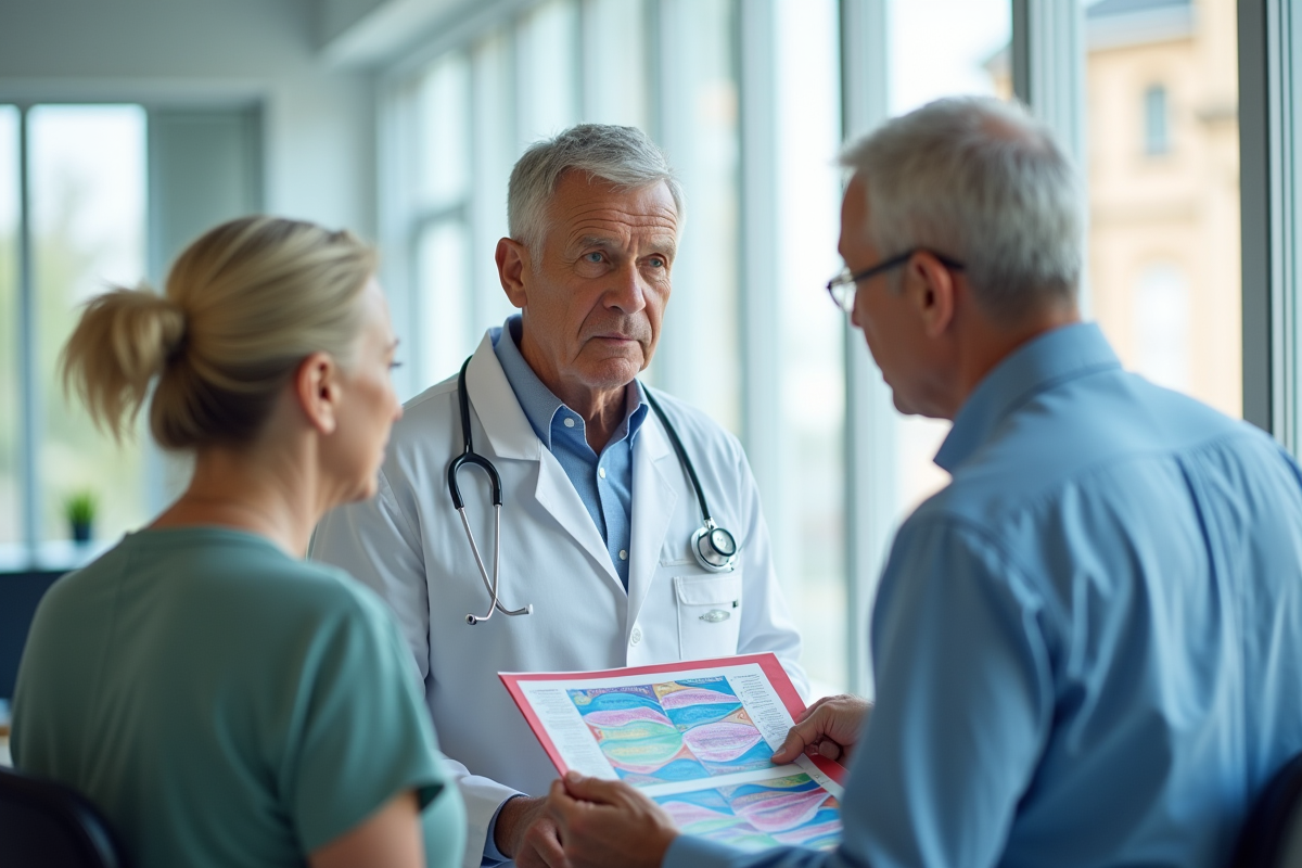 Medecin expliquant un graphique a un couple en consultation