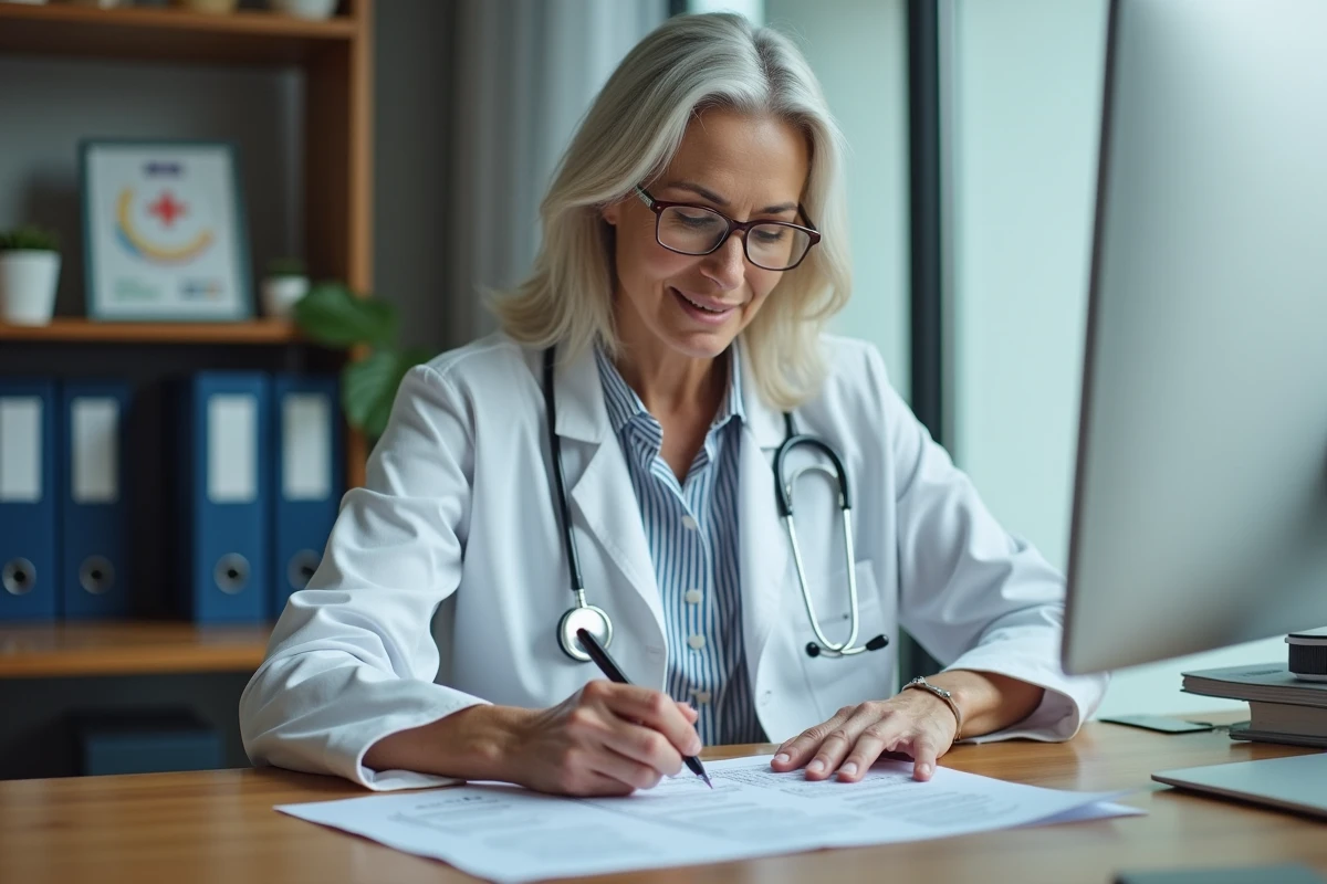 M&eacute;decin g&eacute;riatre analysant un formulaire d'&eacute;valuation AGGIR dans un cabinet m&eacute;dical