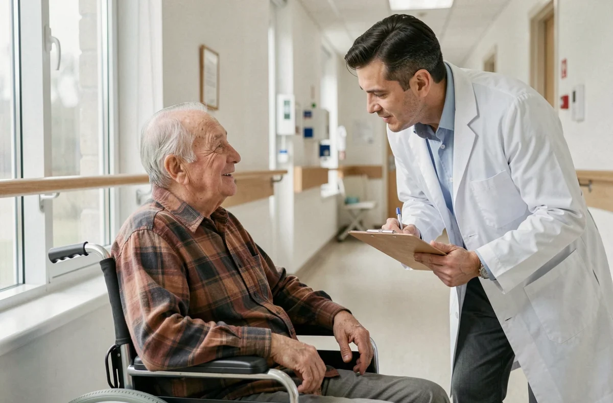 Un médecin gériatre en consultation avec un patient âgé en fauteuil roulant dans un couloir hospitalier, représentant la prise en charge médicale adaptée aux personnes âgées souffrant de troubles cognitifs.