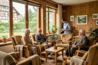 Salle commune chaleureuse d'un EHPAD en Alsace avec résidents âgés et soignant en uniforme bleu