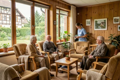 Salle commune chaleureuse d'un EHPAD en Alsace avec résidents âgés et soignant en uniforme bleu