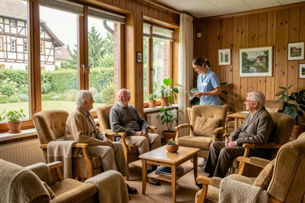 Salle commune chaleureuse d'un EHPAD en Alsace avec résidents âgés et soignant en uniforme bleu