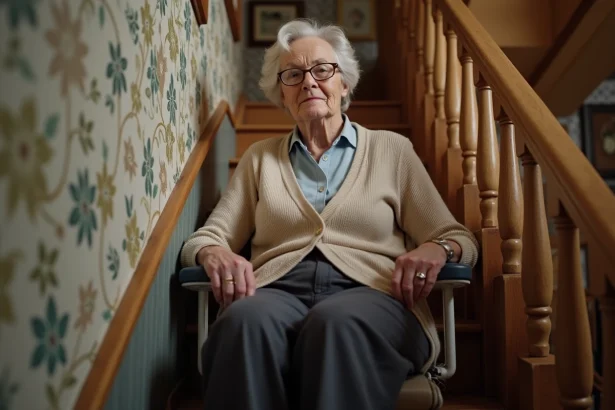 Monte escaliers pliable compact installé dans un escalier étroit d'une maison ancienne, utilisé par une femme âgée