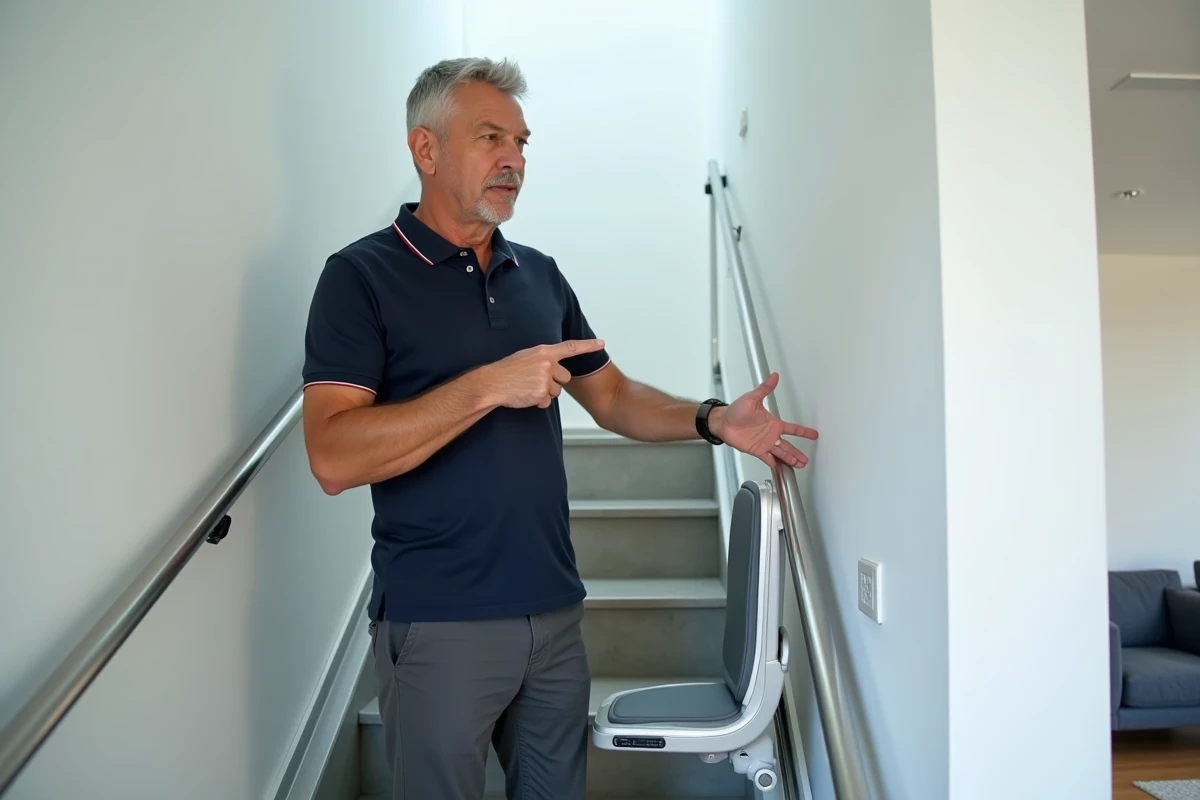 Monte escaliers sans installation plié contre le mur d'un escalier moderne dans un appartement contemporain
