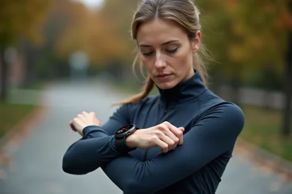 Femme portant une montre GPS connectée au poignet lors d'une activité sportive en extérieur