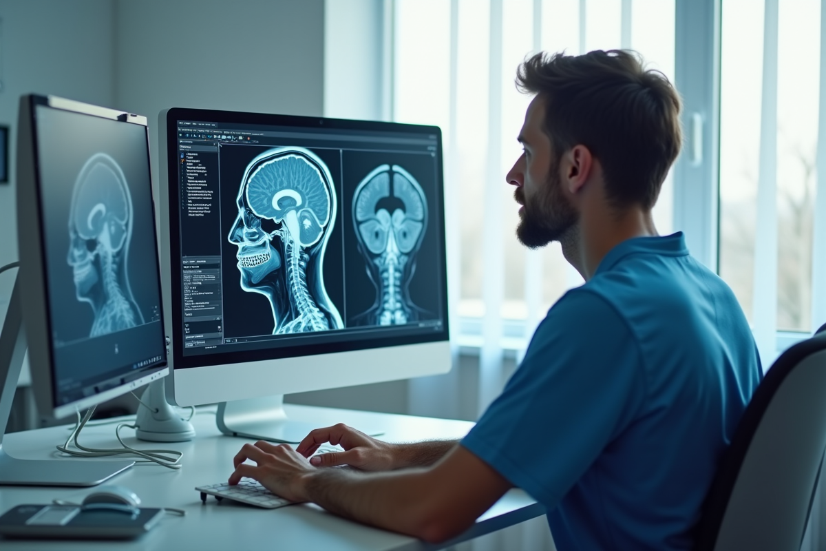 Neurologiste examine une IRM cérébrale dans un cabinet moderne