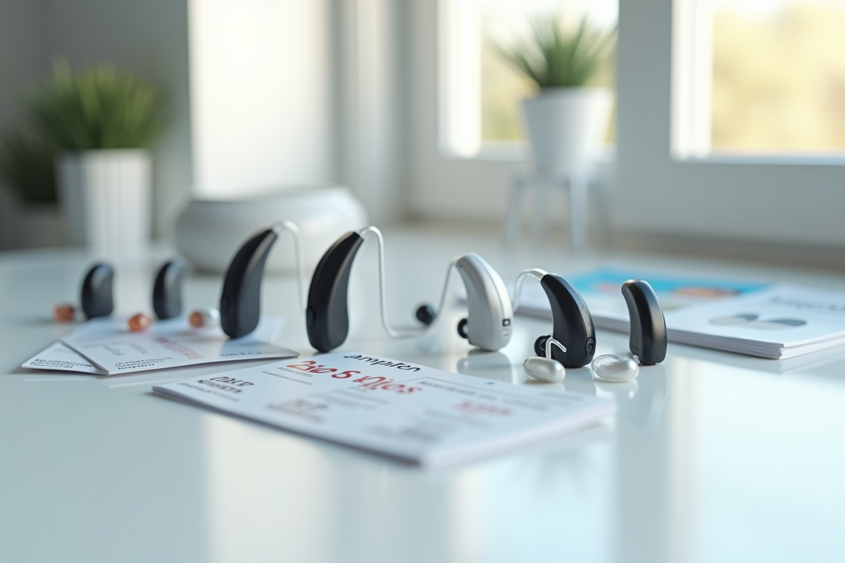 Différents appareils auditifs Amplifon sur un bureau blanc avec brochures