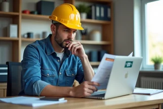 Homme ouvrier en bureau avec documents PRO BTP